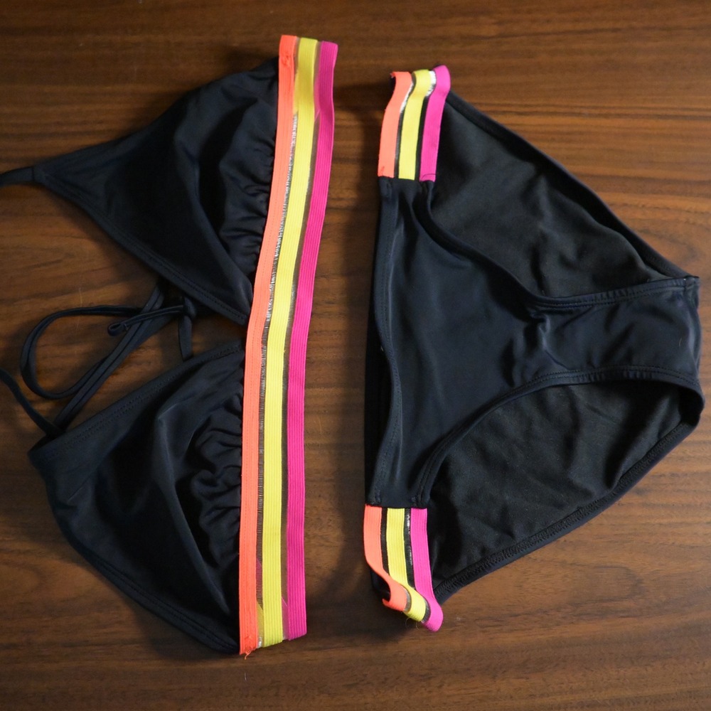 Xhilaration Black Neon Striped Bikini Set Triangle Top L Bottoms M